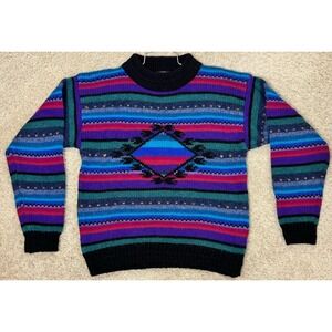 Vtg Woolrich Chunky Knit Multi Color Striped Southwest Aztec Wool Sweater Size M